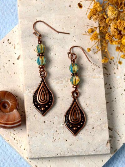 Copper Teardrop Earrings with Picasso Ivory and Turquoise Melon Beads