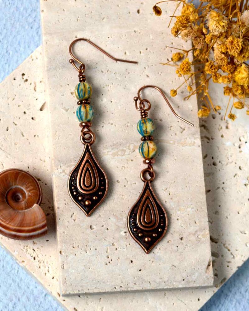 Copper Teardrop Earrings with Picasso Ivory and Turquoise Melon Beads