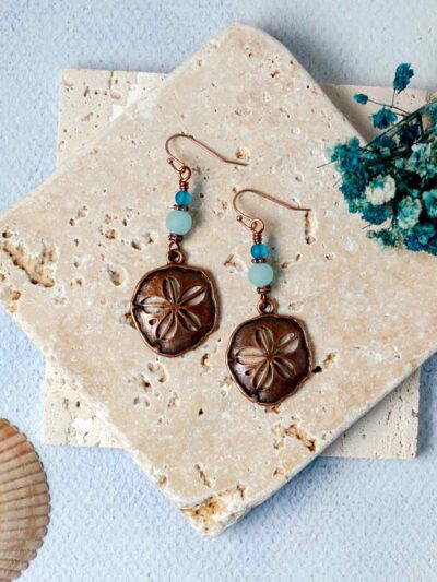 Copper Sand Dollar Earrings with Blue & Teal Beads