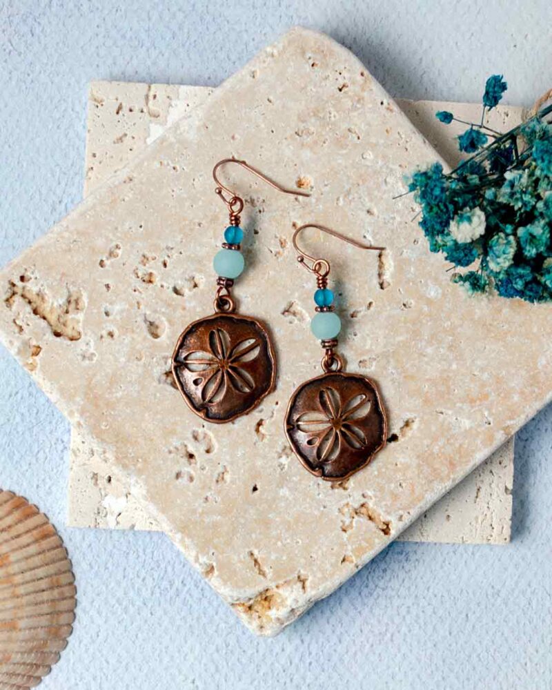 Copper Sand Dollar Earrings with Blue & Teal Beads