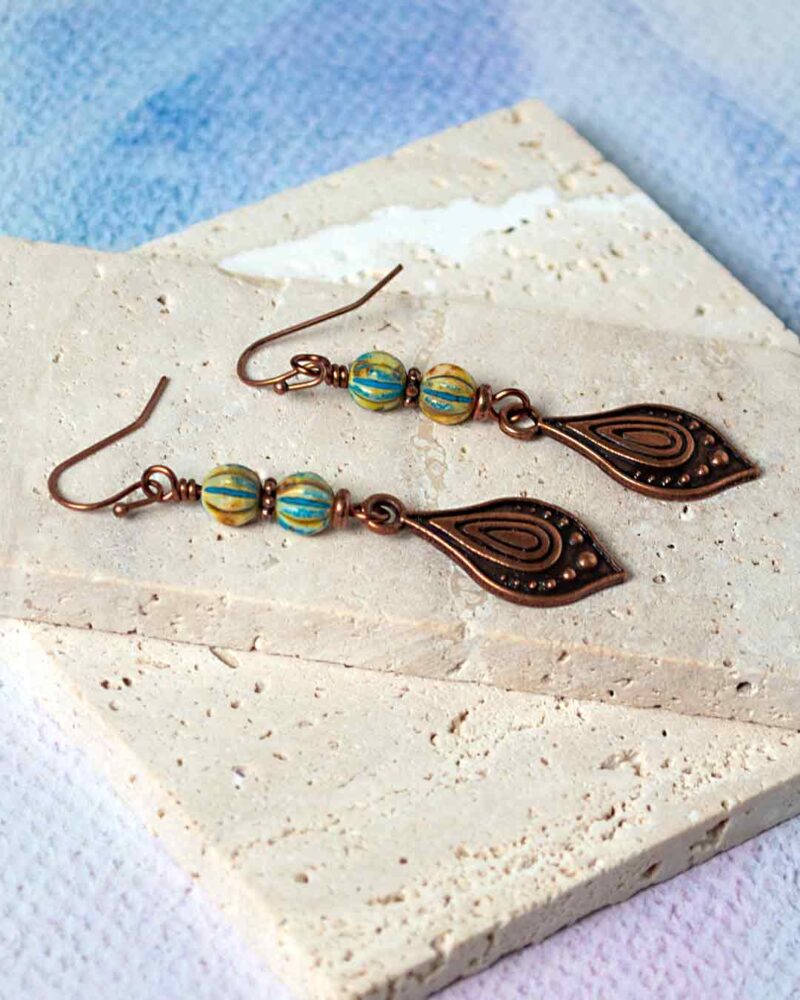 Copper Teardrop Earrings with Picasso Ivory and Turquoise Melon Beads