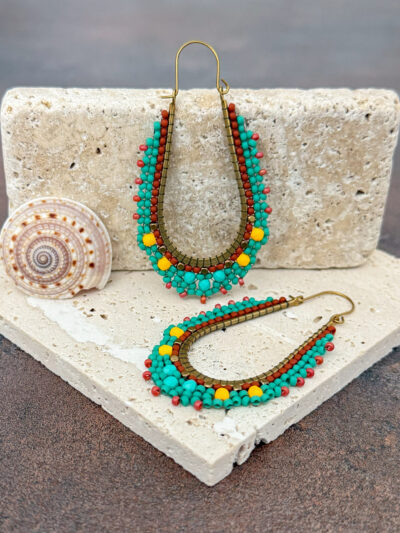 Sunflower Serenade Beaded Brass Hoop Earrings - turquoise hoops