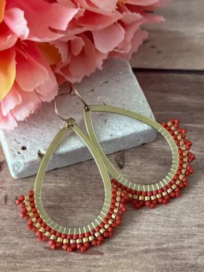 Beaded hoop earrings in sienna and gold - handstitched onto teardrop frames by Coquina Dance Jewelry