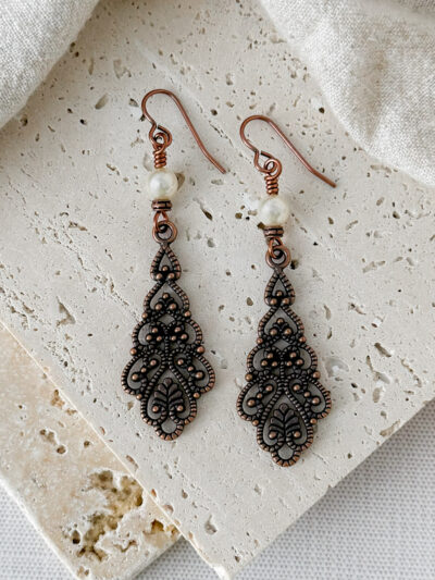 Swarovski Crystal Pearl & Copper Filigree Earrings