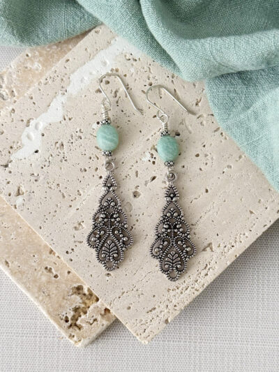 Amazonite & Silver Filigree teardrop earrings