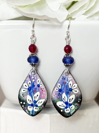 Floral Hand-Enameled Copper & Lampwork Glass Earrings