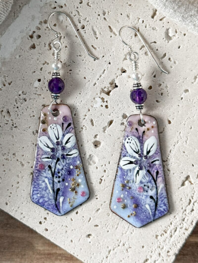 Floral Hand-Enameled Copper & Amethyst Earrings