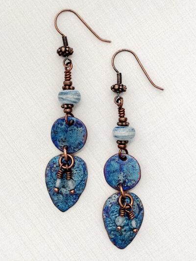 Blue Embossed Copper Dangle Earrings