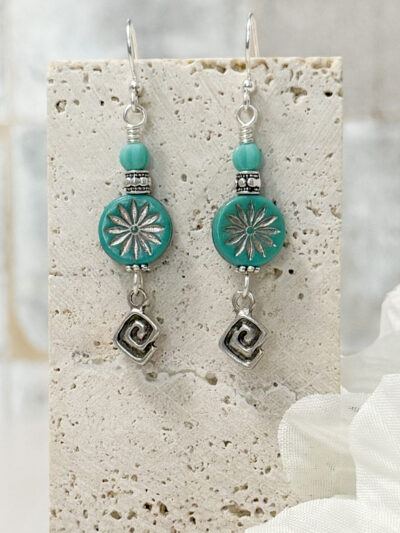 Turquoise Aster Czech Glass Coin Earrings