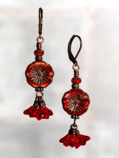 Floral Red Czech Glass Dangle Earrings