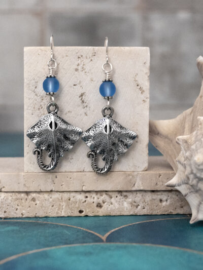 Silver Stingray & Blue Sea Glass Earrings