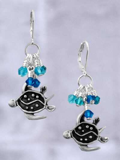 Silver Sea Turtle & Crystal Earrings