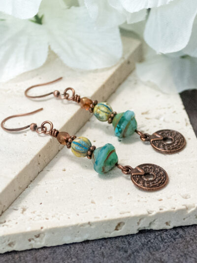 Picasso Czech Glass & Antique Copper Dangle Earrings