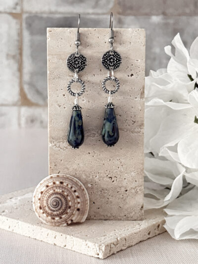 Dark Blue Marbled Picasso Czech Glass Drop Earrings