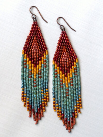 beaded fringe earrings red orange turquoise