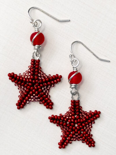red beaded starfish earrings with sea glass beads