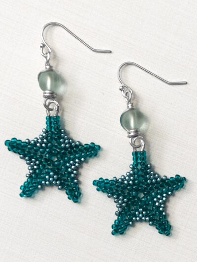 teal beaded starfish earrings with sea glass beads