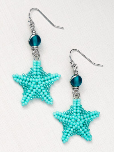 turquoise beaded starfish earrings with sea glass bead